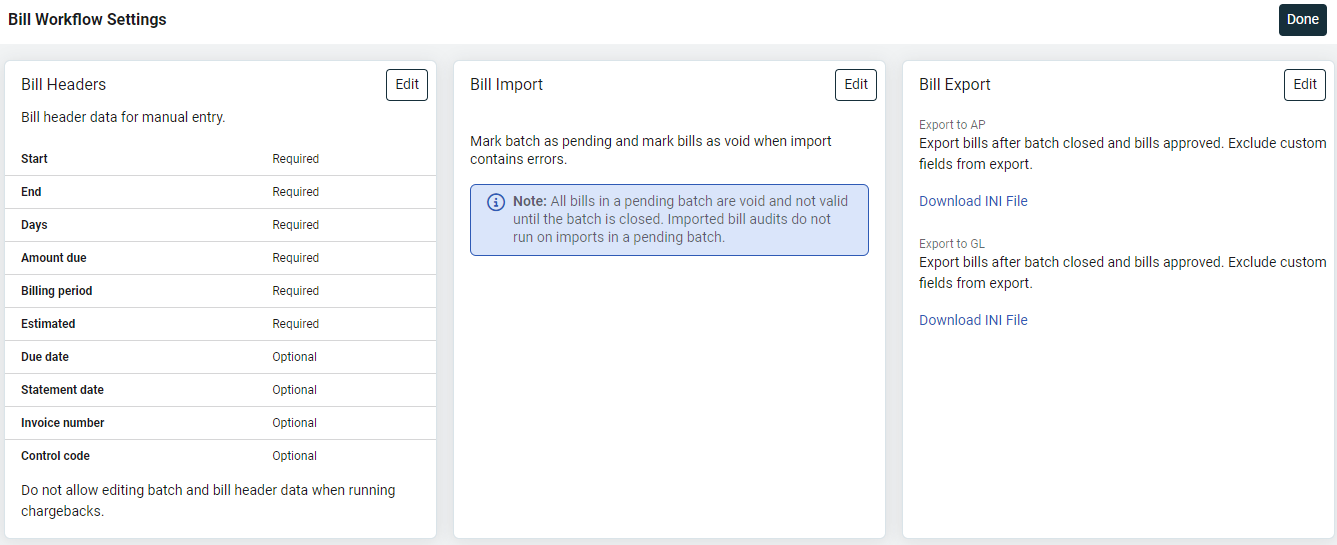 Bill Entry and Export Settings