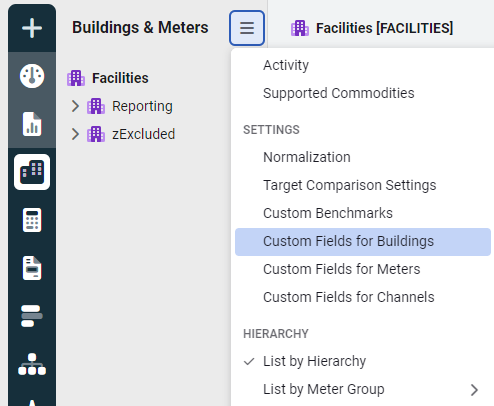 module menu for buildings and meters